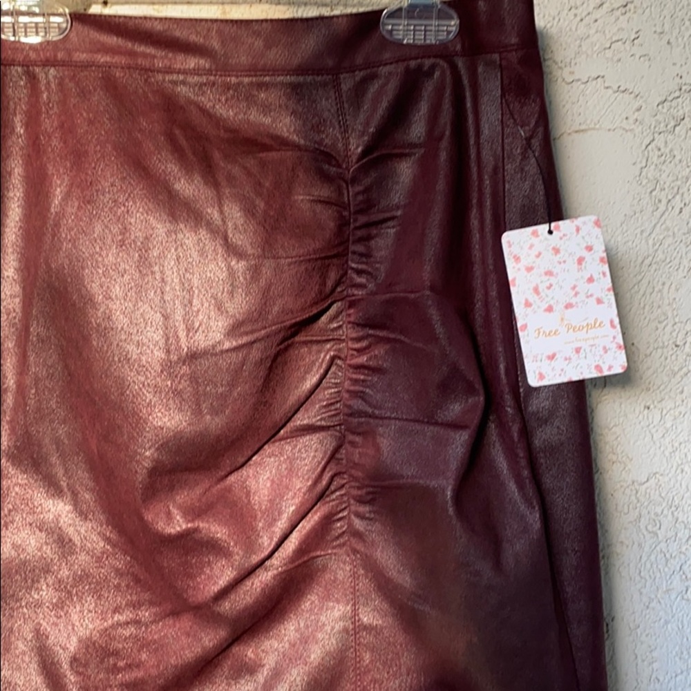 Free People Rumi Faux Leather Ruched Mini Skirt Burgundy M | Sold Out & Stunning - Picture 3 of 6